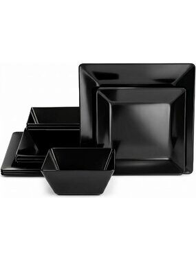 Stylish 12-Piece Square Melamine Dinnerware Set for 4 - Durable & Chic Black